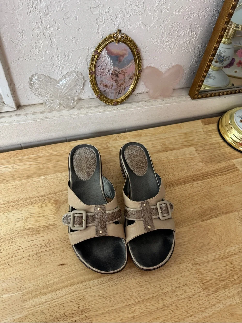 2000’s Cole Haan Y2K Platform Wedge Slide Sandals Beige Brown Leather Size 7